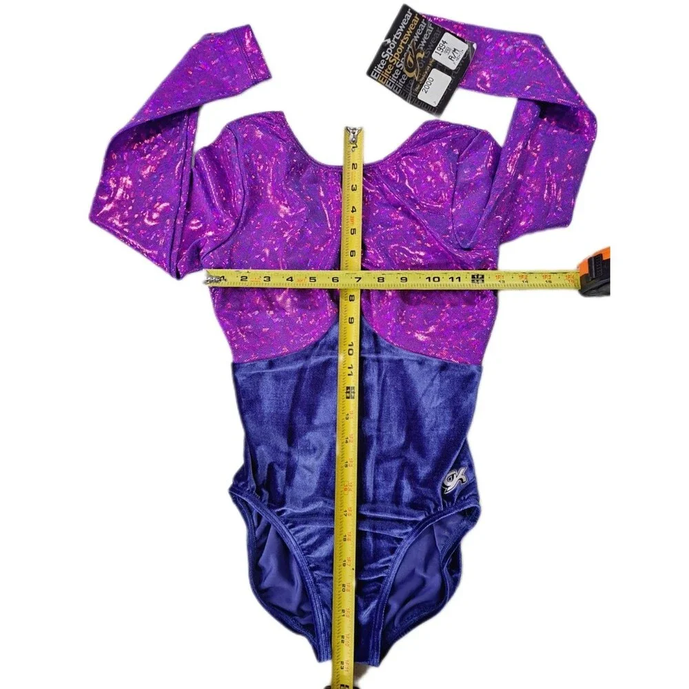 GK Elite VTG Mystique Purple Holographic LS Keyhole Leotard Blue Velvet Size AM